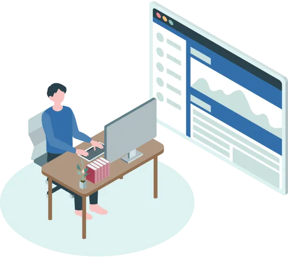 コンピュータとモニターの前に座っている人がデスクで作業している様子
