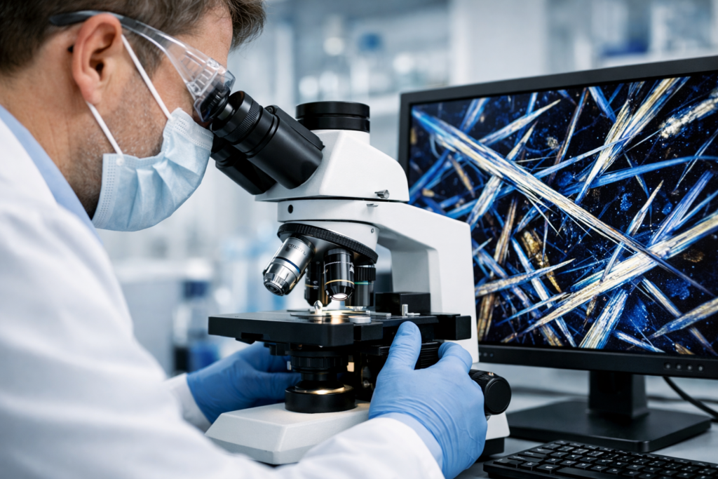 顕微鏡でアスベスト繊維を調べる様子